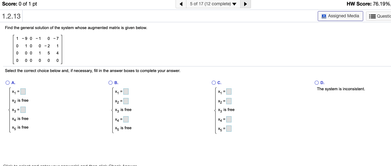 the system whose augmented matrix is given below. 1 -64 1 -1