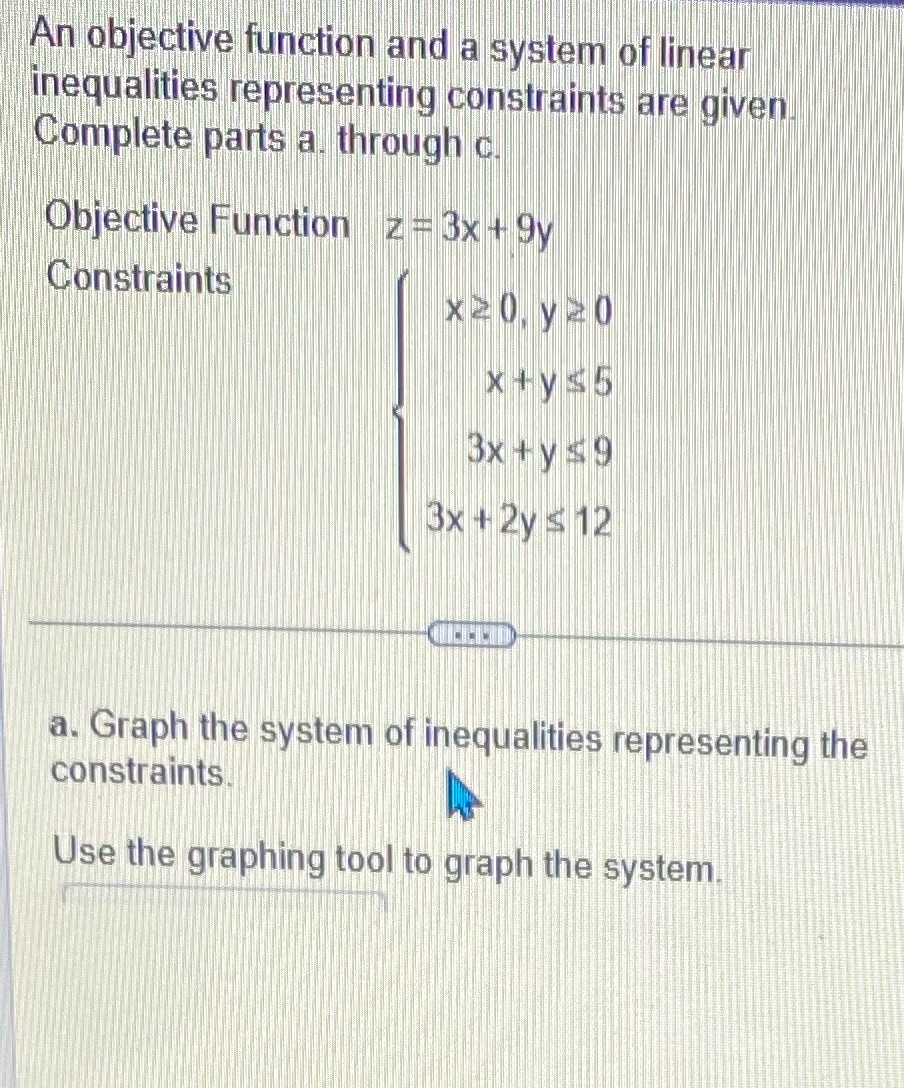 graphing An objective function and a system of linear inequalities representing constraints