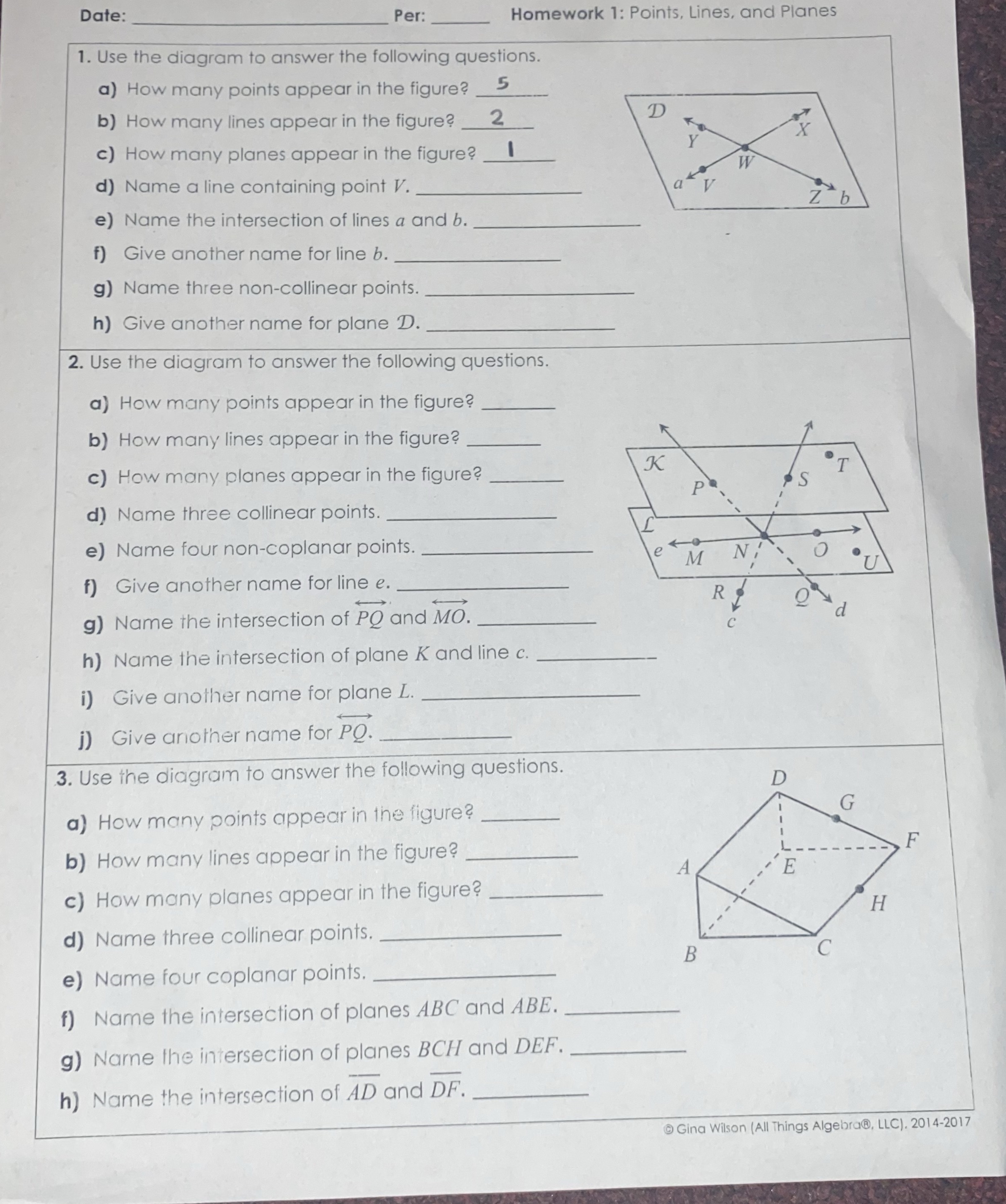 Need help on these questions Date: Per: Homework 1: Points, Lines, and