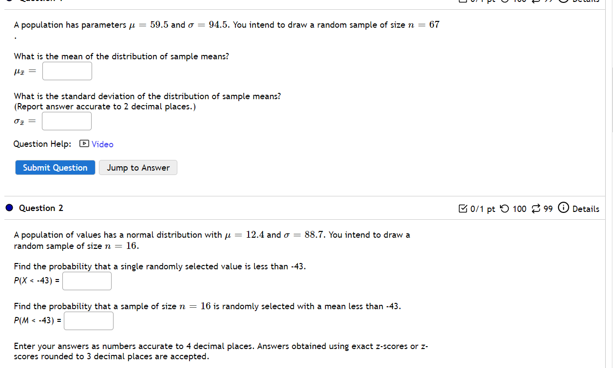 1) A population has parameters / = 59.5 and o = 94.5.