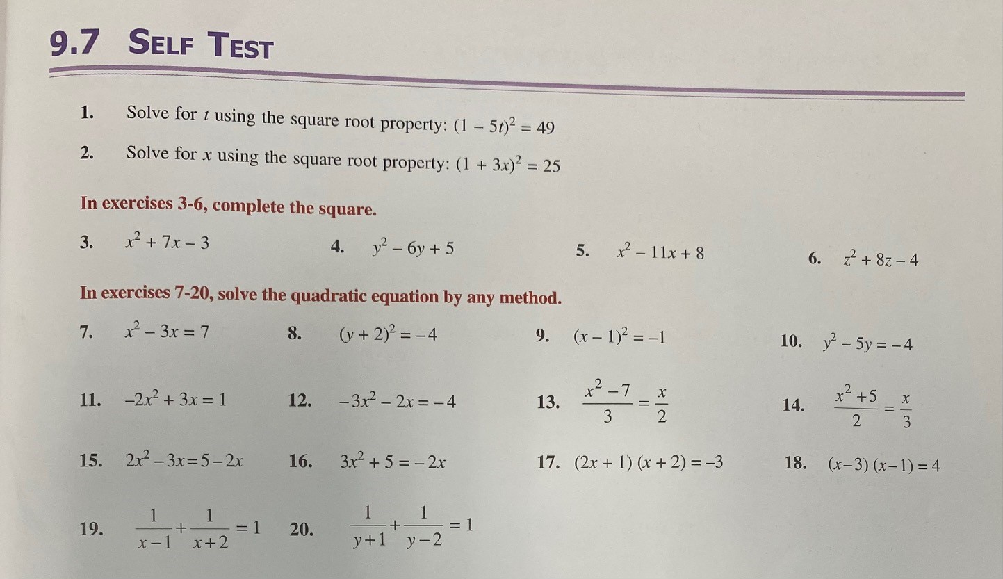  9.7 SELF TEST 1. Solve for t using the square root