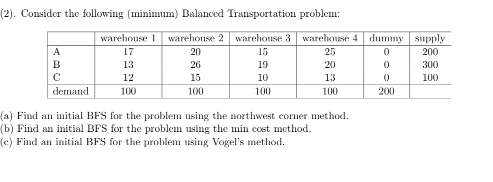 answer for b and c (2). Consider the following (minimum) Balanced Transportation