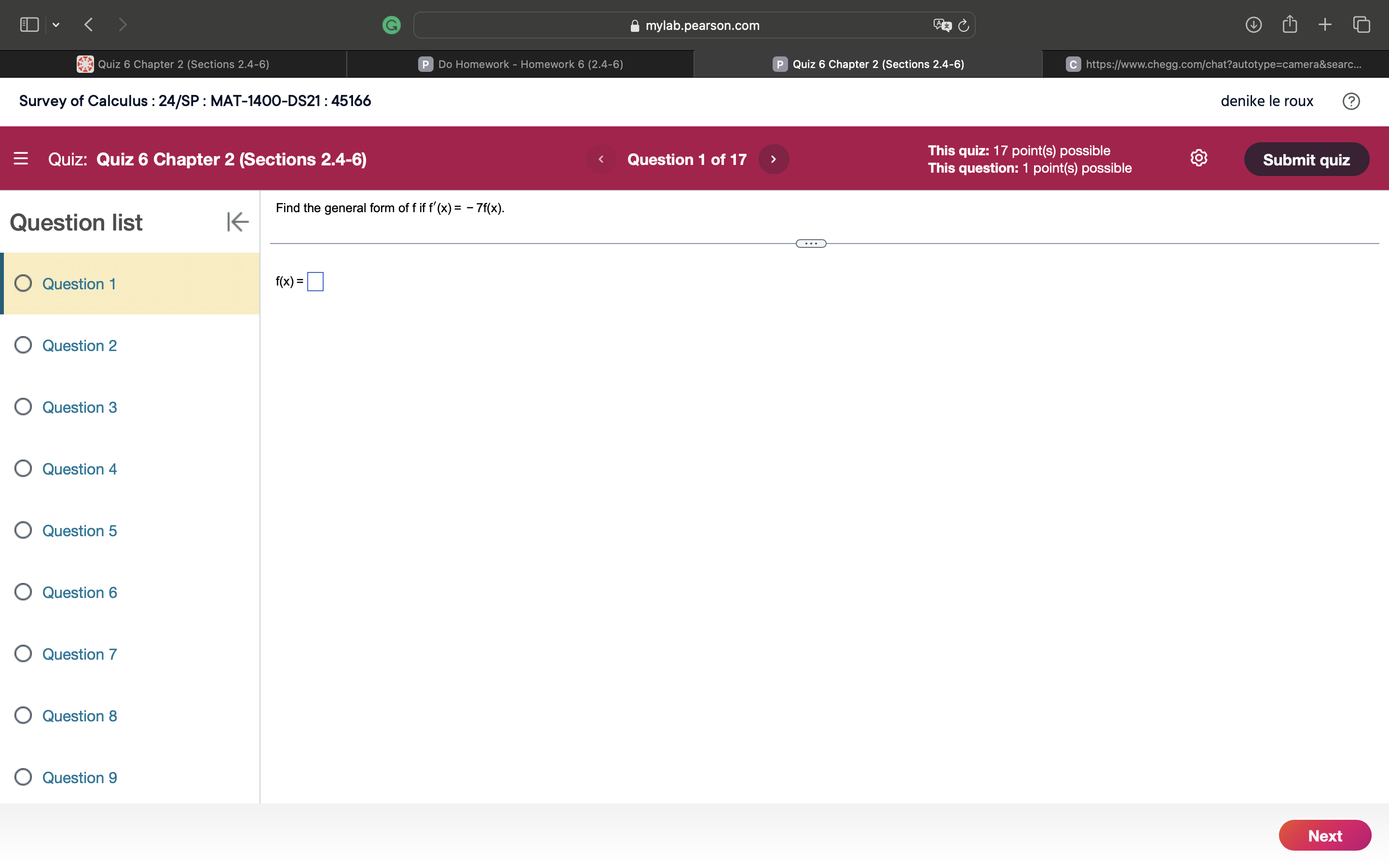  G mylab.pearson.com FO C + Quiz 6 Chapter 2 (Sections 2.4-6)