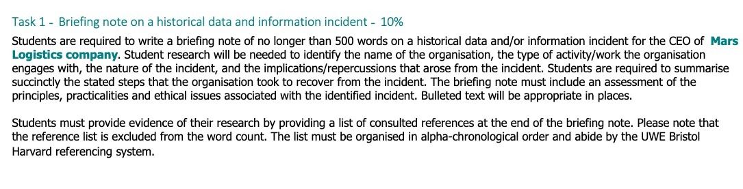  Task 1 - Briefing note on a historical data and information