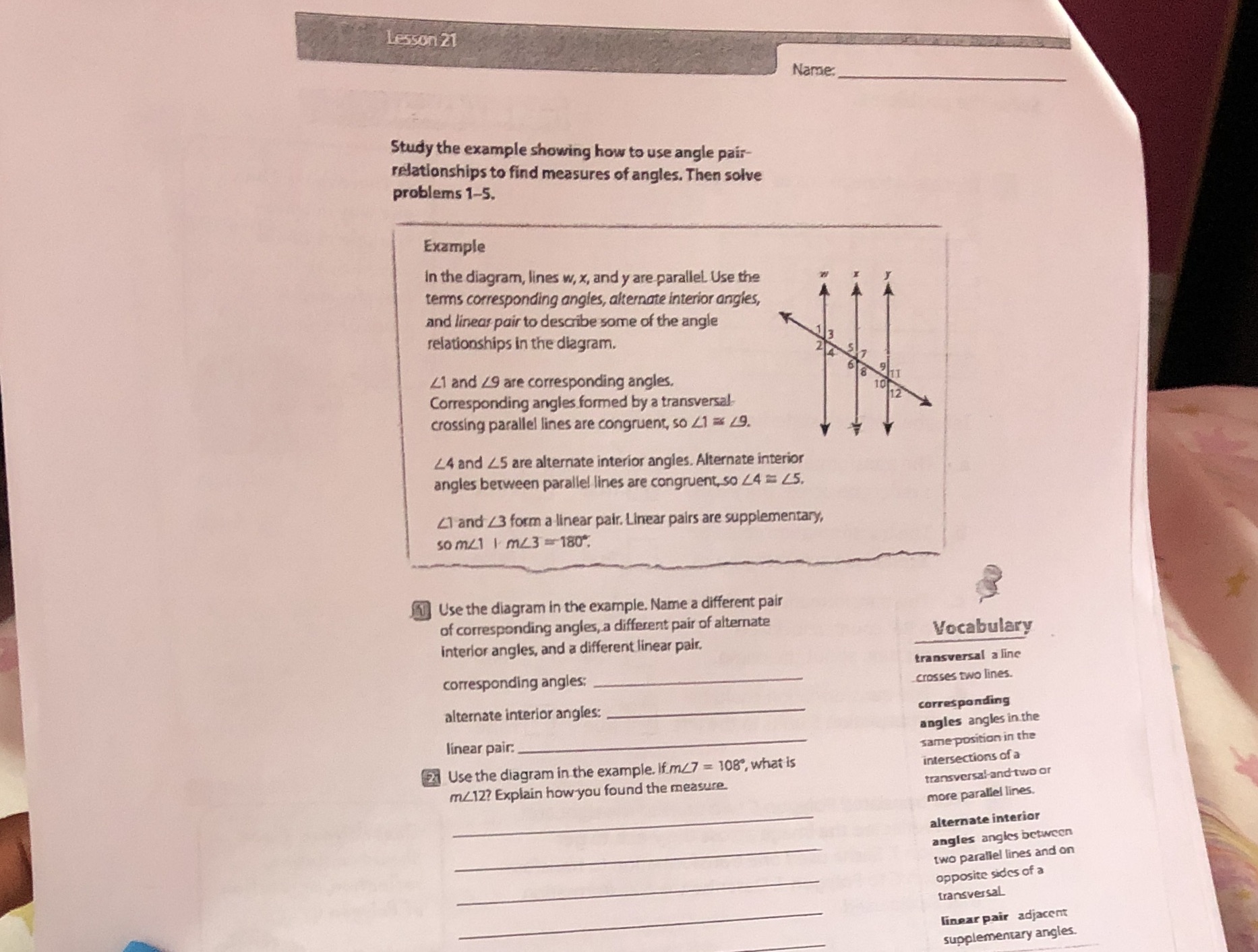 Lesson 21 Name. Study the example showing how to use angle