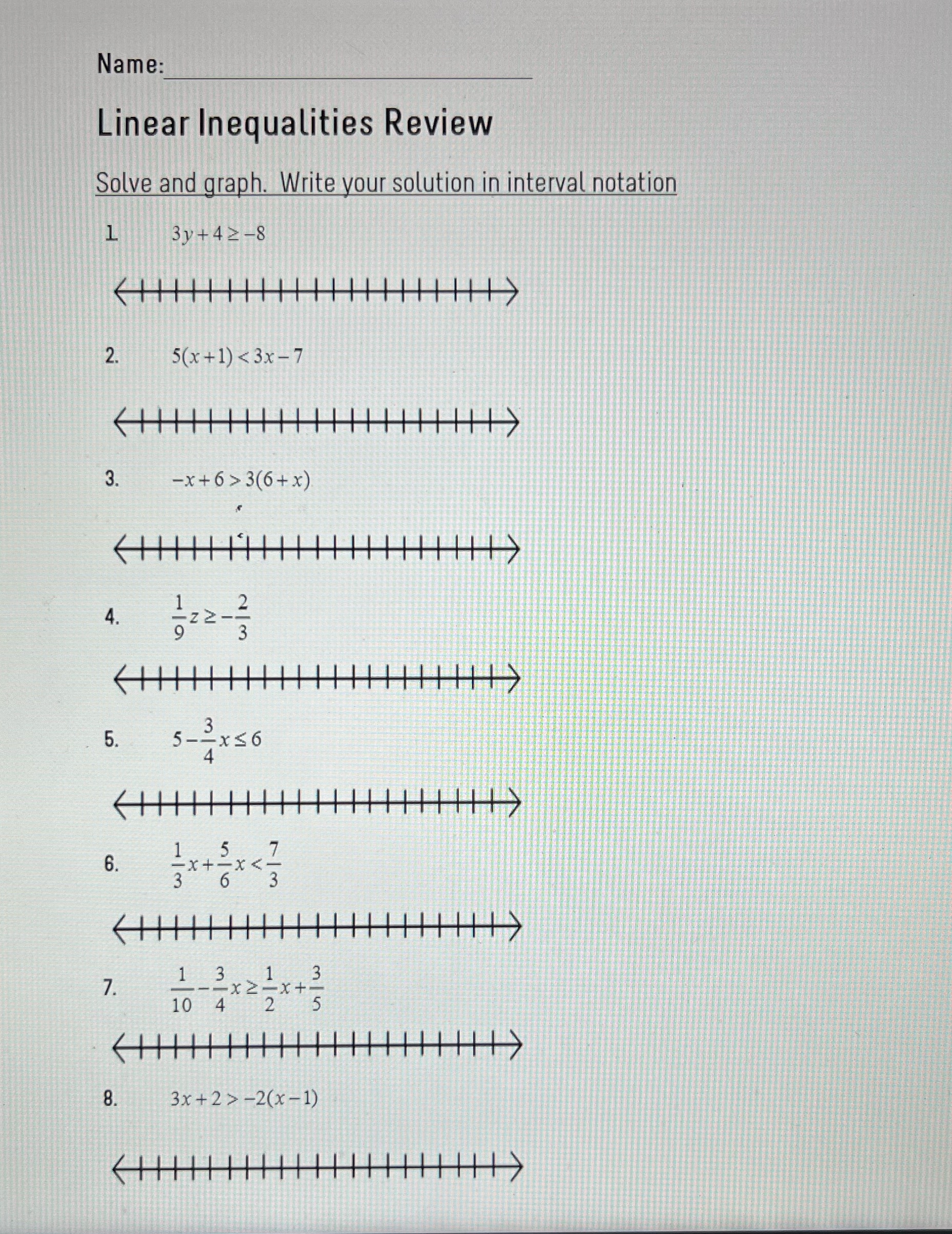  Name: Linear Inequalities Review Solve and graph. Write your solution in
