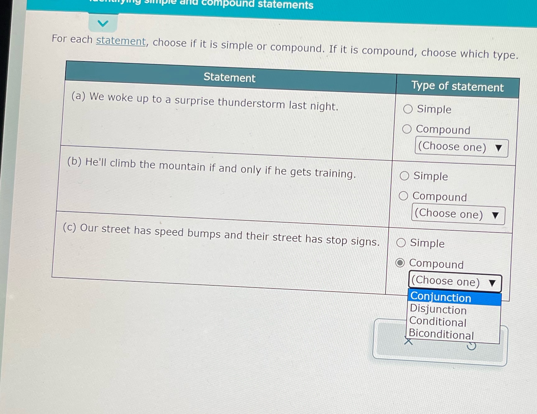  and compound statements For each statement, choose if it is simple