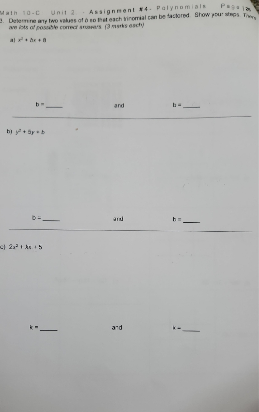 math 10c polynomials Math 10 - C Unit 2. - Assignment #4
