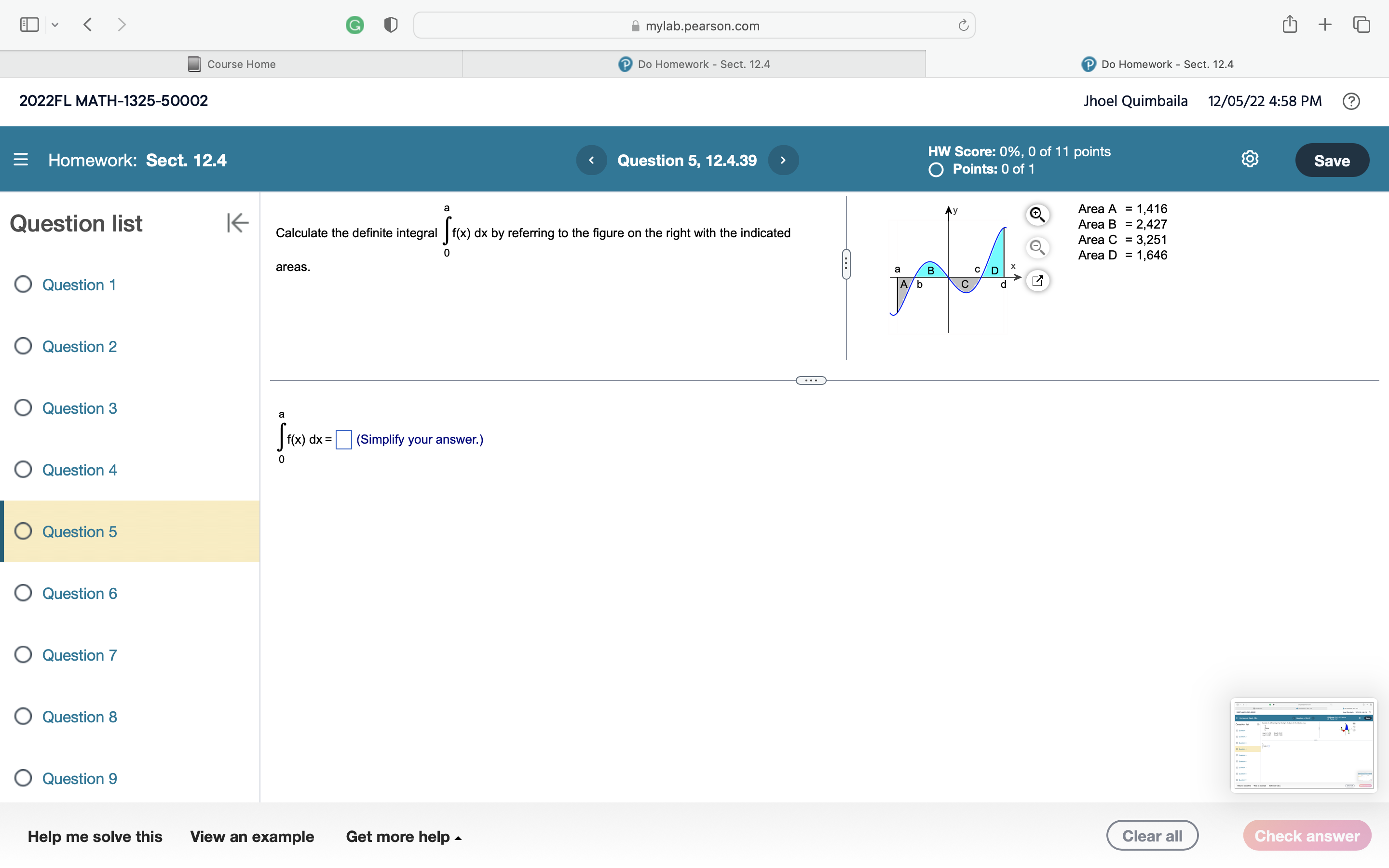 integral by referring to the figure with the indicated areas. Question list
