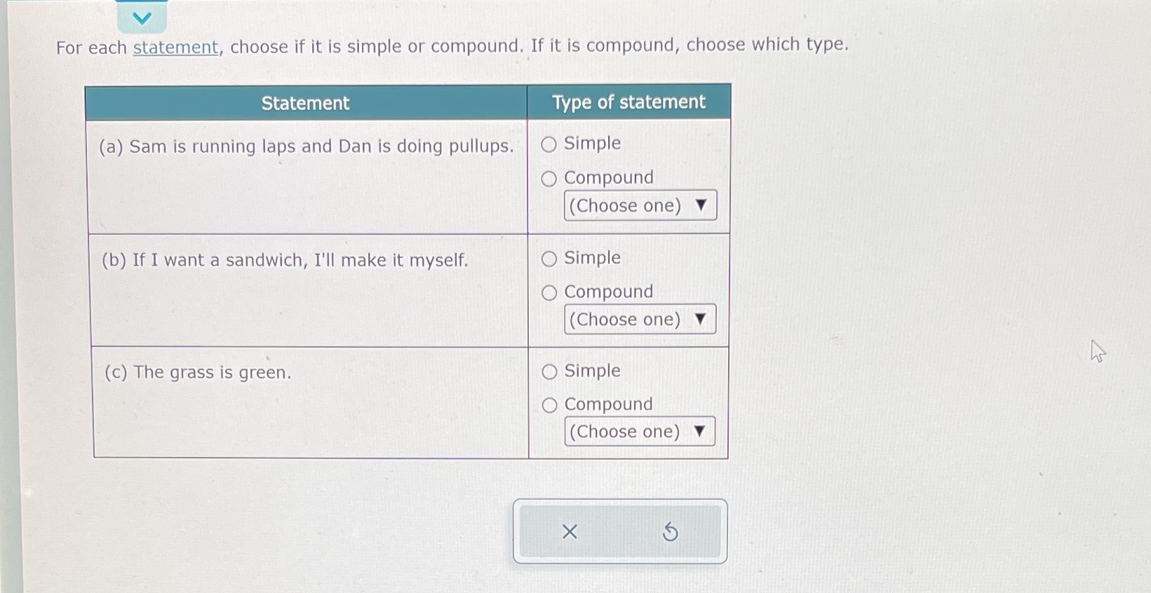  V For each statement, choose if it is simple or compound'