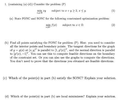  1. (containing (a)-(d)) Consider the problem (P) min ry subject to