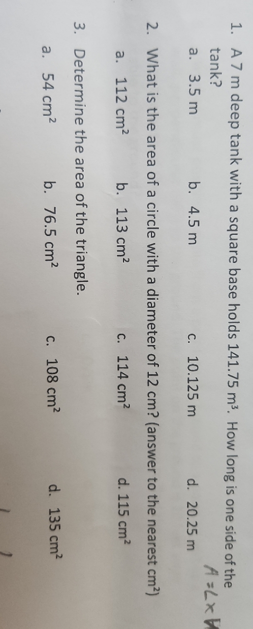 1. A 7 m deep tank with a square base holds