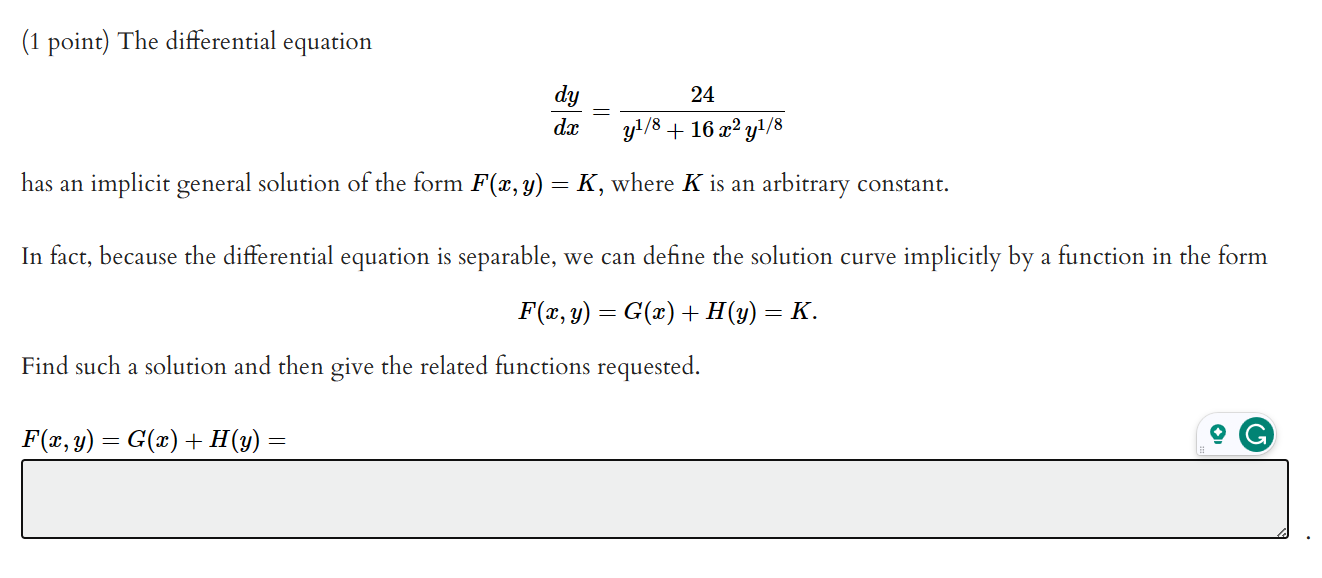  ('1 point) The differential equation a , 24 dm _ y1/3+16:1:2y1/8