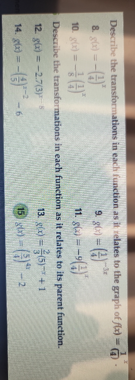  Describe the transformations in each function as it relates to the