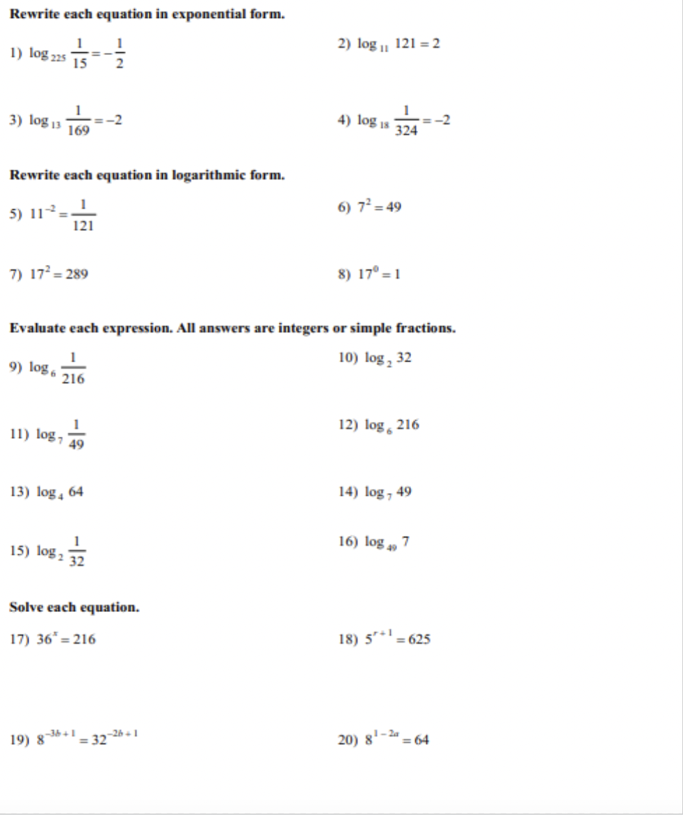  Rewrite each equation in exponential form. 2) log ,, 121 =