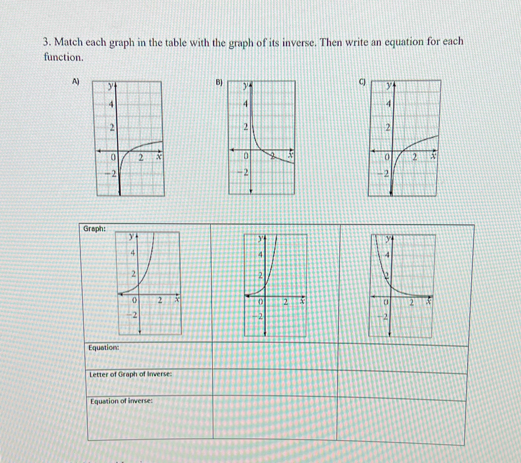 Please help! 3. Match each graph in the table with the graph