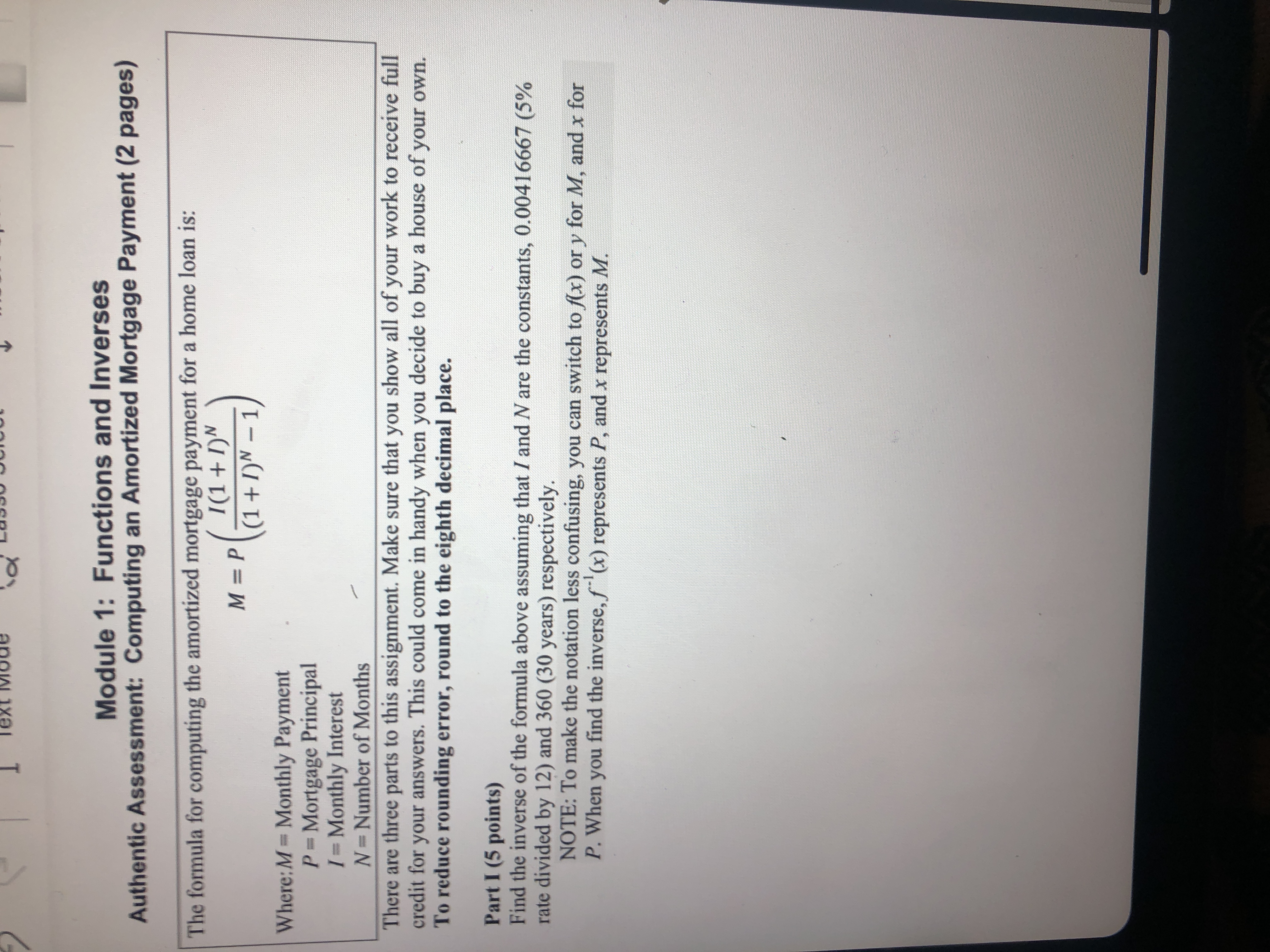  Module 1: Functions and Inverses Authentic Assessment: Computing an Amortized Mortgage