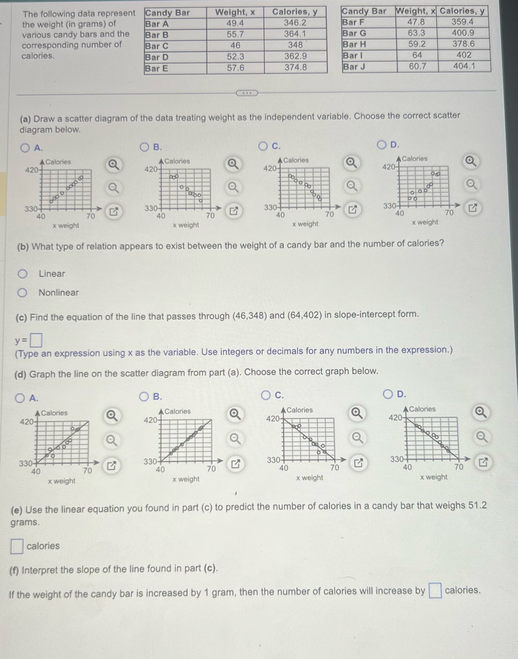 ASAPPPP PLEASE . College ALGEBRA TEST The following data represent Candy Bar