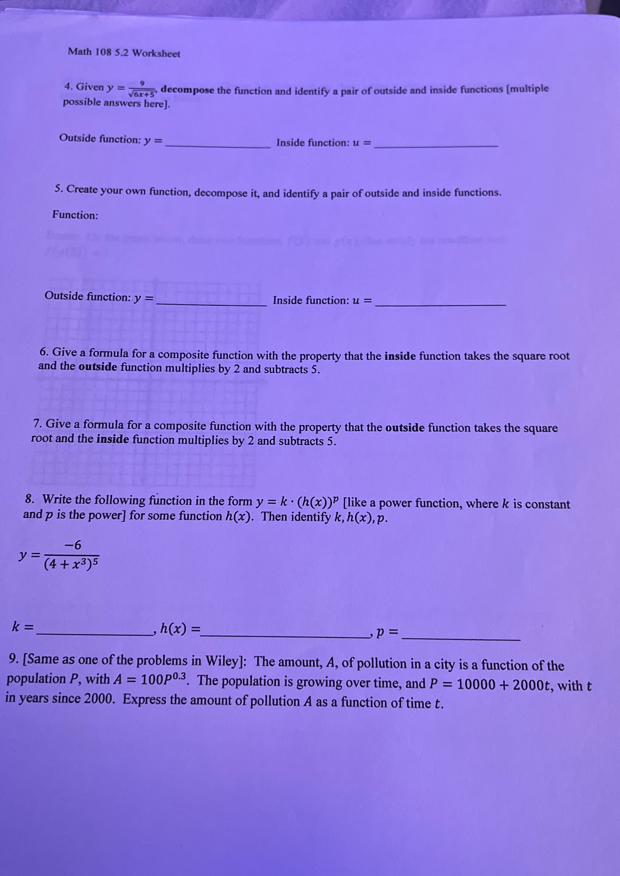 please help with this assignment Math 108 5.2 Worksheet 4. Given y