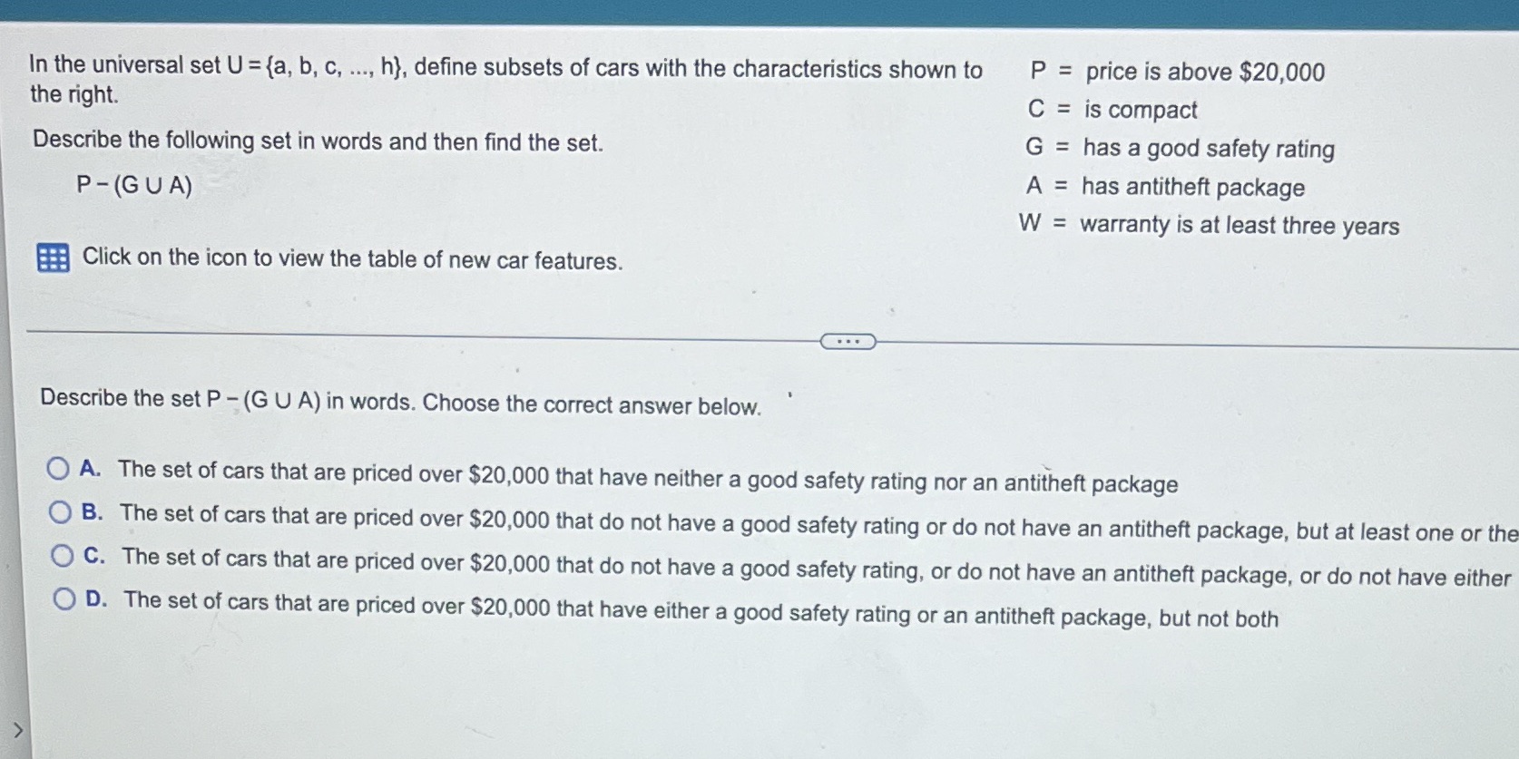  In the universal set U = {a, b, c, ..., h),