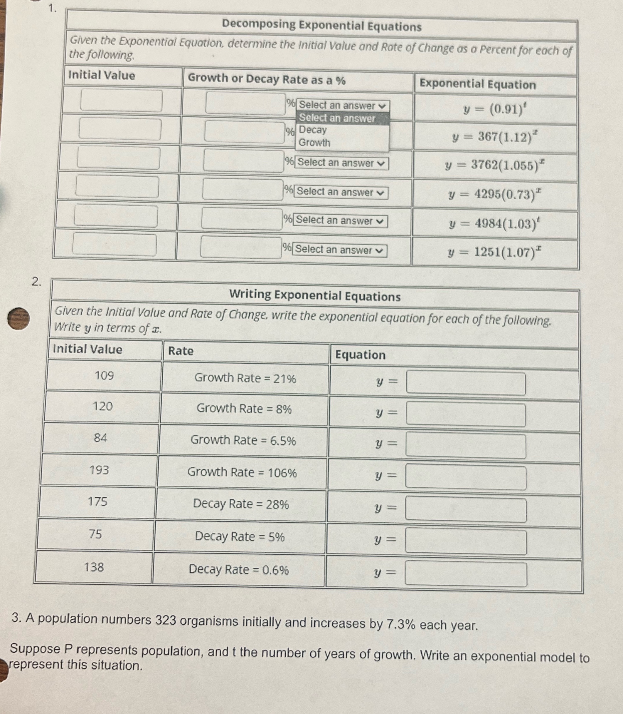 Decomposing Exponential Equations Given the Exponential Equation, determine the Initial Value