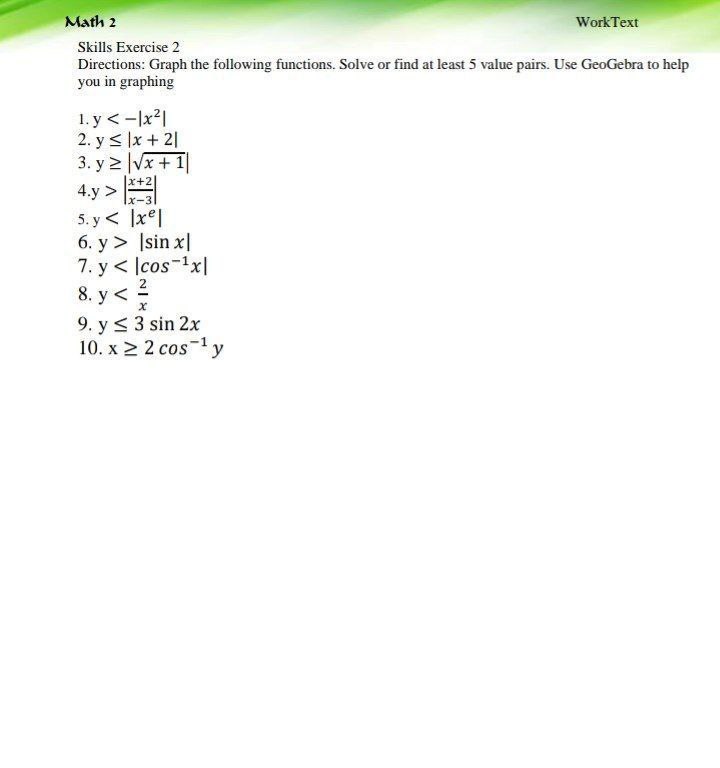 Math 2 Work Text Skills Exercise 2 Directions: Graph the following