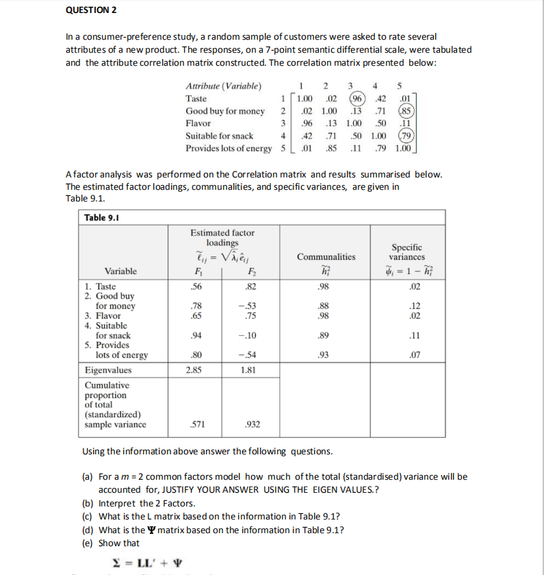  QUESTION 2 In a consumer-preference study, a random sample of customers