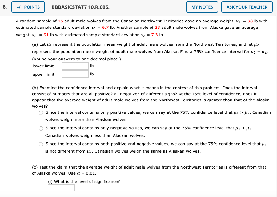  6. -/1 POINTS BBBASICSTAT7 10.R.005. MY NOTES ASK YOUR TEACHER A