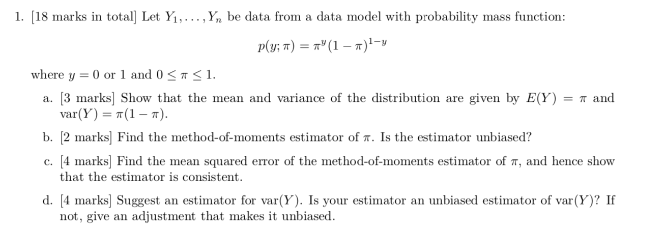  1. [18 marks in total] Let Y1, . . . ,'Yn