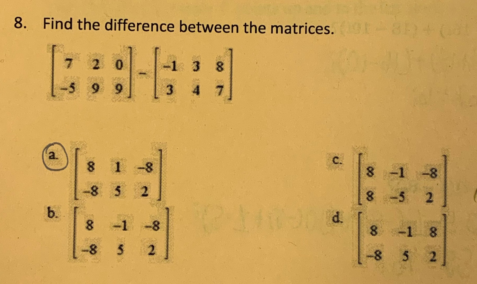 Find the difference between the matrices. \f