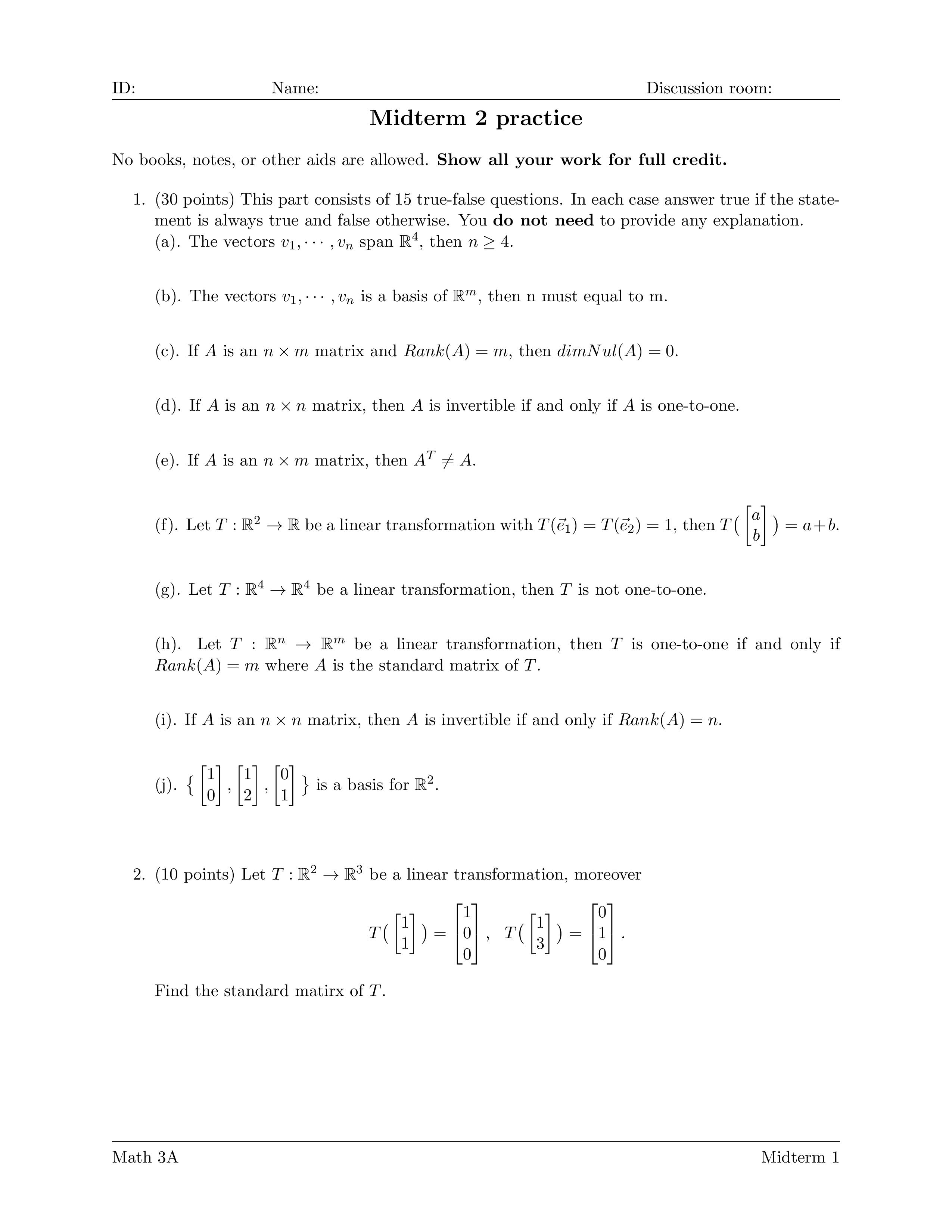 Linear Algebra Practice study problems forespecially problem #1True or False. (Need explanation