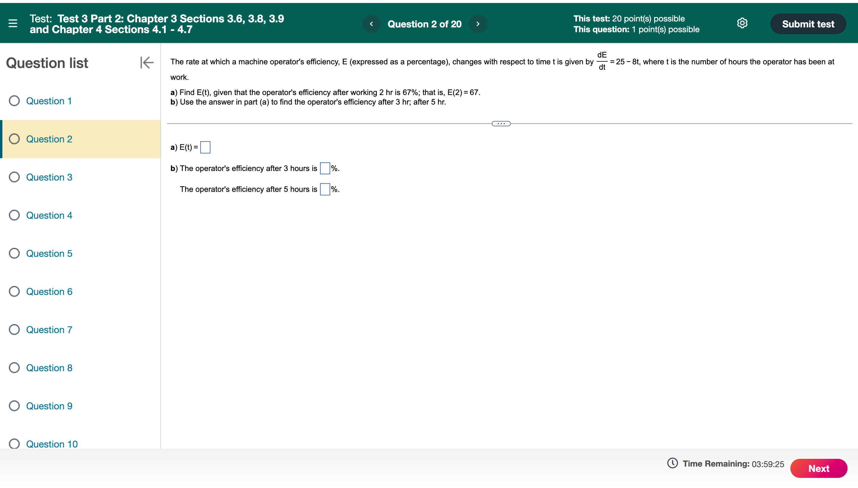3.9 Question 1 of 20 This test: 20 point(s) possible @ Submit