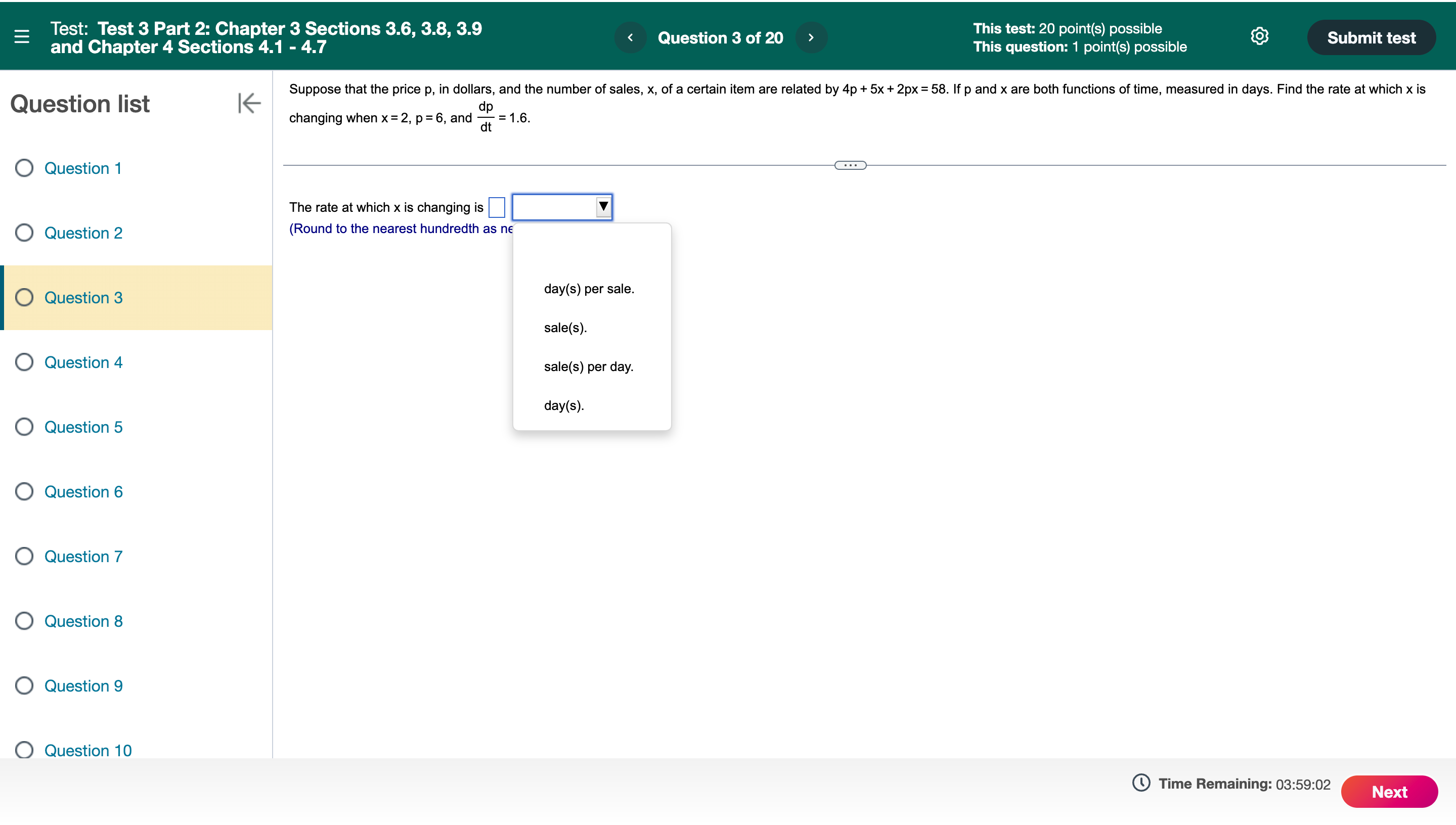 test This question: 1 point(s) possible and Chapter 4 Sections 4.1 -
