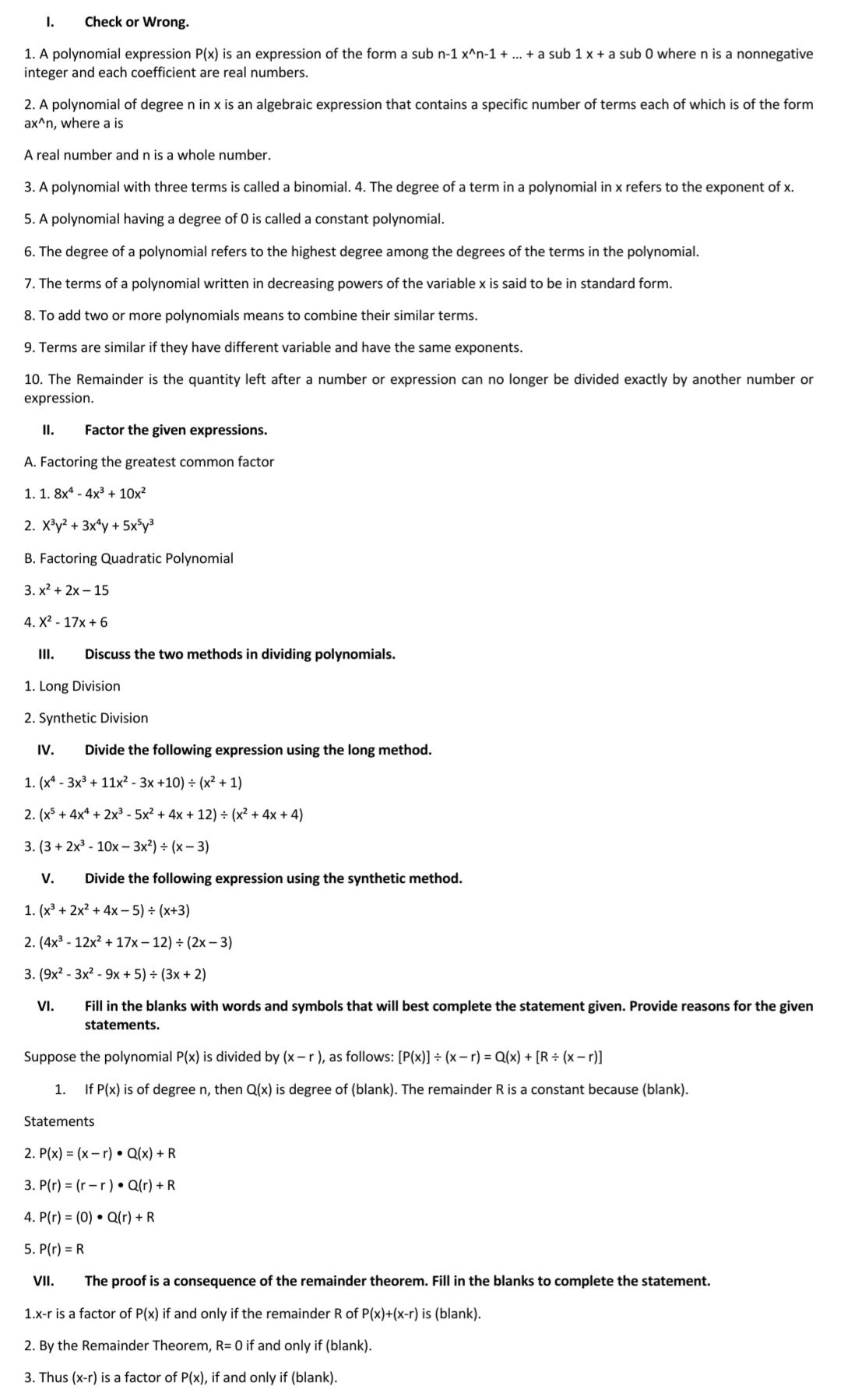  I. Check or Wrong. 1. A polynomial expression PM is an