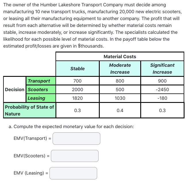 Select an answer v c. Find the expected value with perfect information.