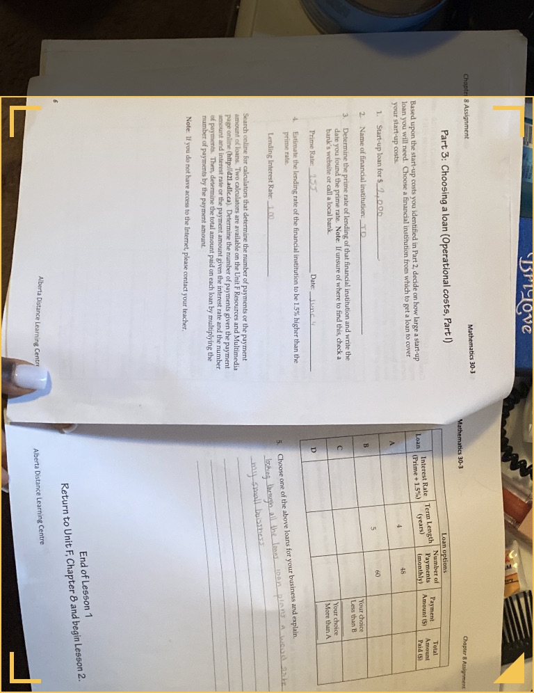  love Chapter 8 Assignment Mathematics 30-3 Mathematics 30-3 Chapter 8 Assignment