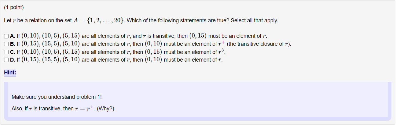 (1 point) Let r be a relation on the set A