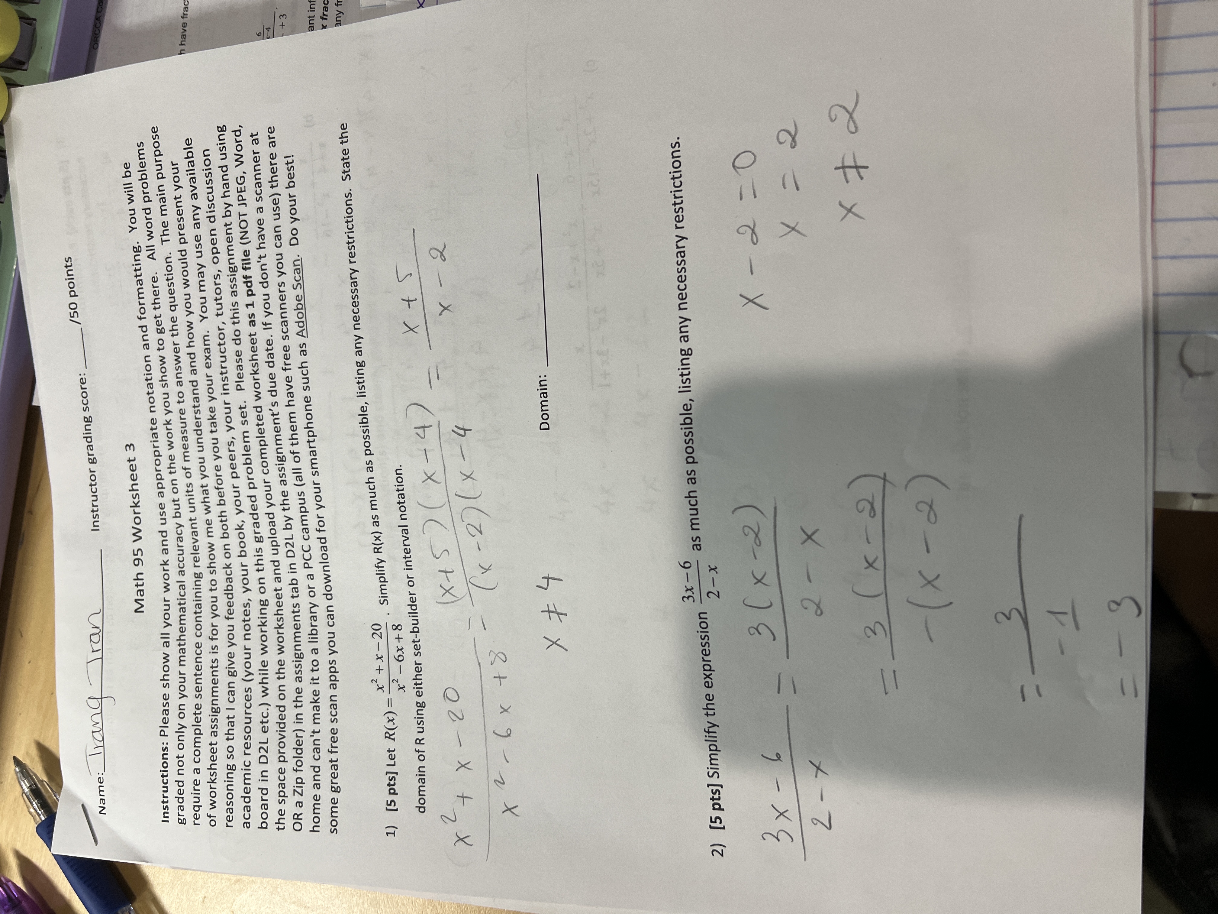 Worksheet 3 Instructions: Please show all your work and use appropriate notation