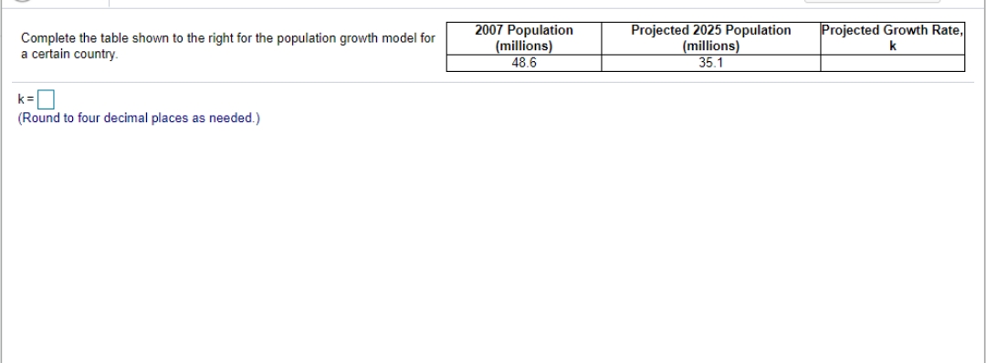 Algebra help Complete the table shown to the right for the population