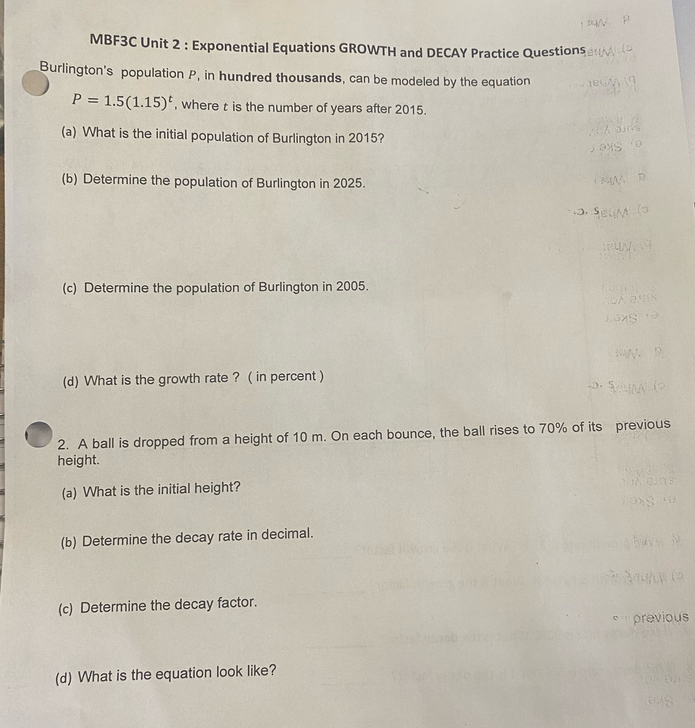  MBF3C Unit 2 : Exponential Equations GROWTH and DECAY Practice Questions