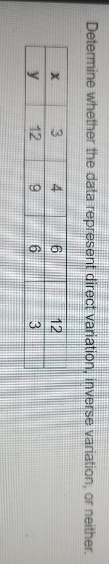please help Determine whether the data represent direct variation, inverse variation, or