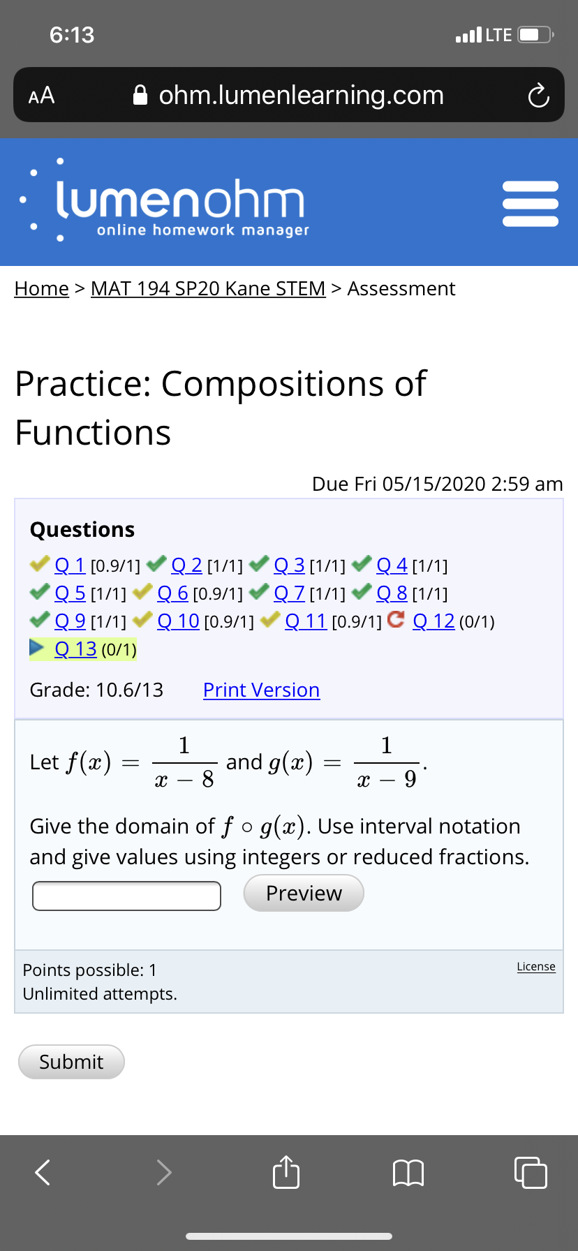Functions Due Fri 05/15/2020 2:59 am Questions Q 1 [0.9/1] Q 2