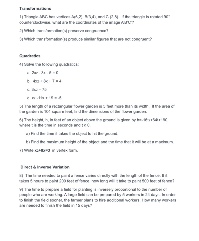 Please answer questions 1 through 8. I do not need explanations for