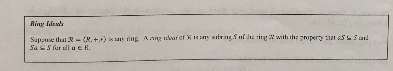 is any ring . A ring ideal of & is any subring