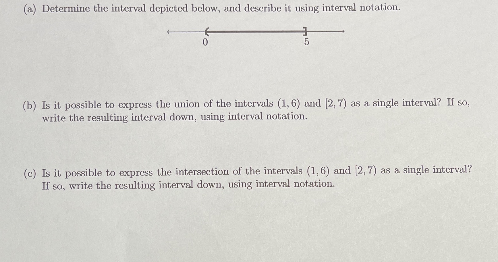 (a) Determine the interval depicted below, and describe it using interval