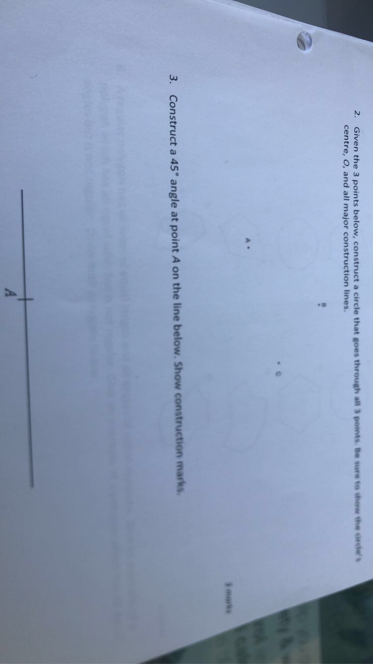 centre O, showing construction marks. Mark a point C on the circle,