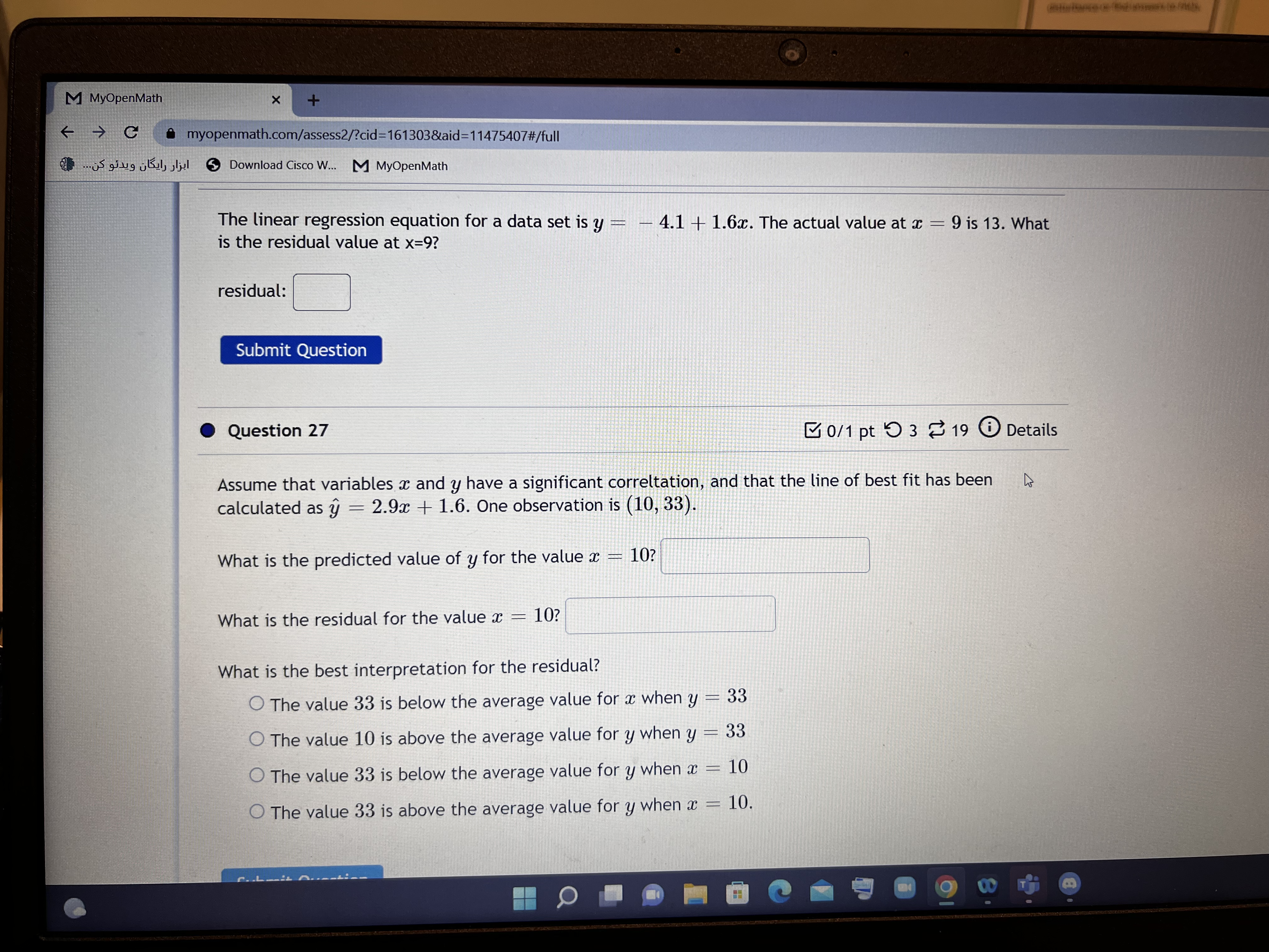 is above the average value for y when a: : 10. Submit