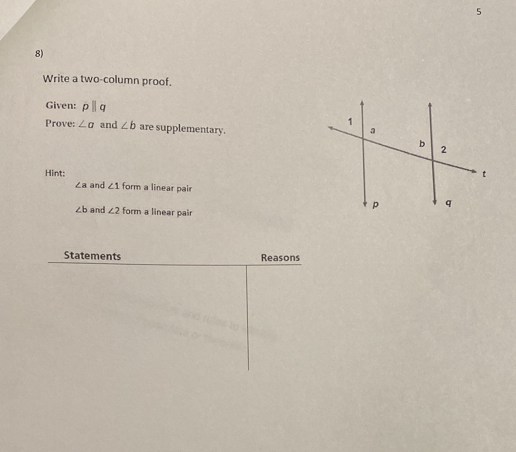 5 8) Write a two-column proof. Given: p | q Prove: La