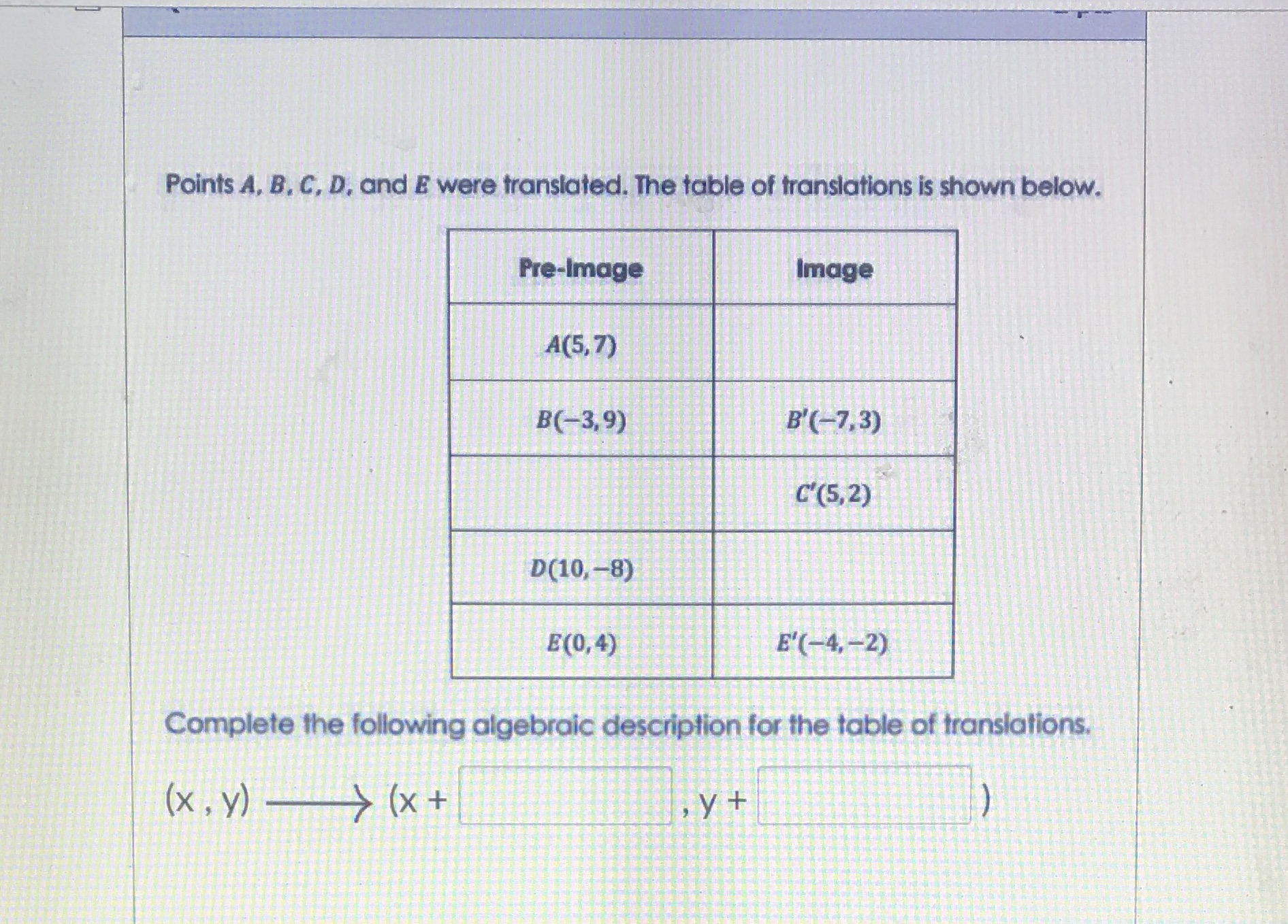  Points A. B. C, D, and E were translated. The table