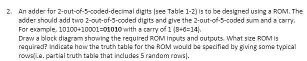  2. An adder for 2-out-of-5-coded-decimal digits (see Table 1-2) is to